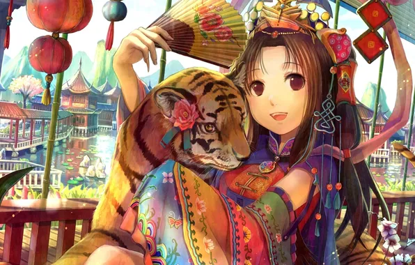 Picture girl, tiger, smile, home, fan, orchids, bow, long-haired