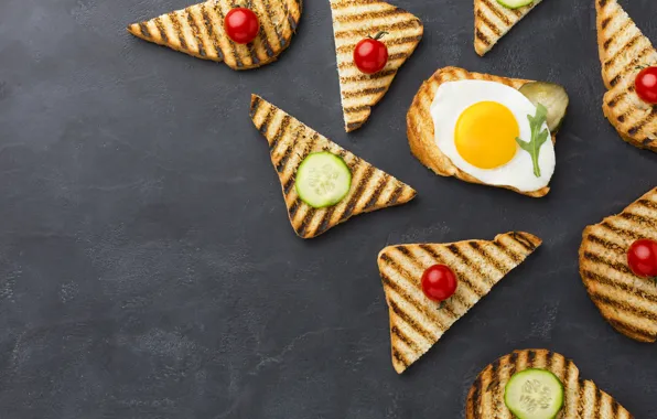 Egg, bread, scrambled eggs, grey background, tomatoes, slices, cucumbers, toast