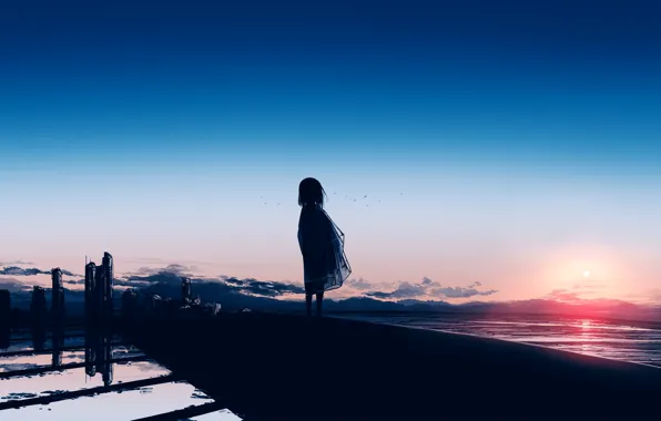 Sea, the sun, sunset, girl, postapokalipsis