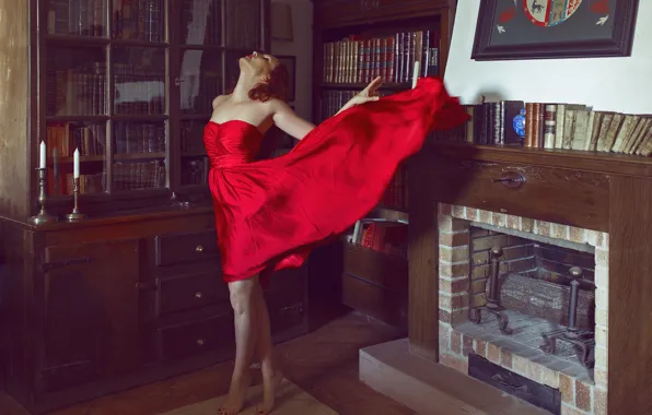 Picture girl, face, room, red, books, dress, fireplace, legs