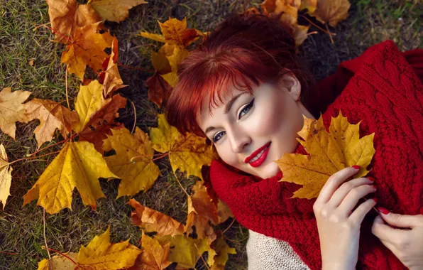 Picture autumn, grass, leaves, girl, makeup, scarf, bracelet, brown hair