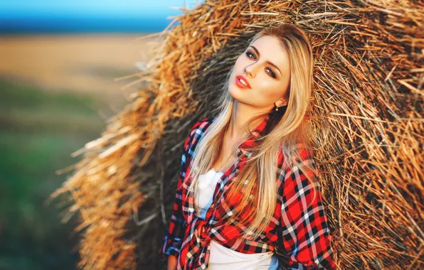 Girl, blonde, bale, straw, shirt, leaned, Nastya, @Sergey Pinchuk