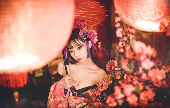 Look, girl, light, decoration, flowers, red, face, lights