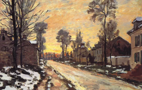 Picture, the urban landscape, Claude Monet, Road at Louveciennes. Melting Snow. Sunset
