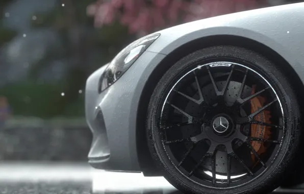 Wet, drops, close-up, headlight, wheel, mercedes, drives, amg