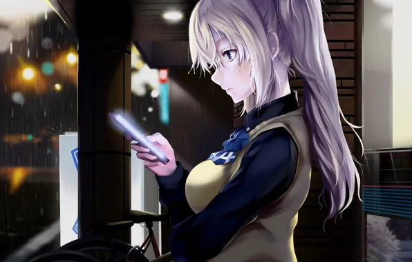 Girl, night, rain, smartphone, Myriad Colors Phantom World