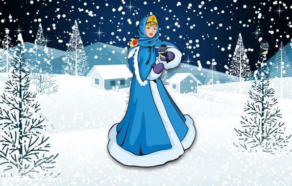 Winter, Girl, Snow, New Year, Birds, Christmas, Snowflakes, Background