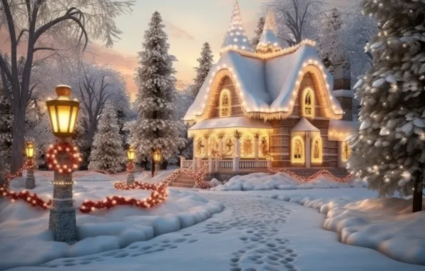 Winter, forest, light, snow, house, Christmas, lights, New year