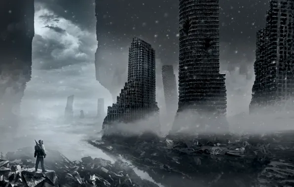 Winter, snow, clouds, the city, weapons, destruction, art, devastation