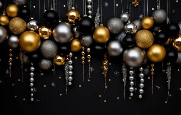 Balls, the dark background, Christmas, New year, black background, gold plated, Christmas decorations, Christmas decorations