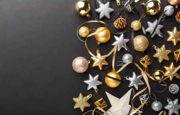 Decoration, balls, New Year, Christmas, silver, golden, black background, black
