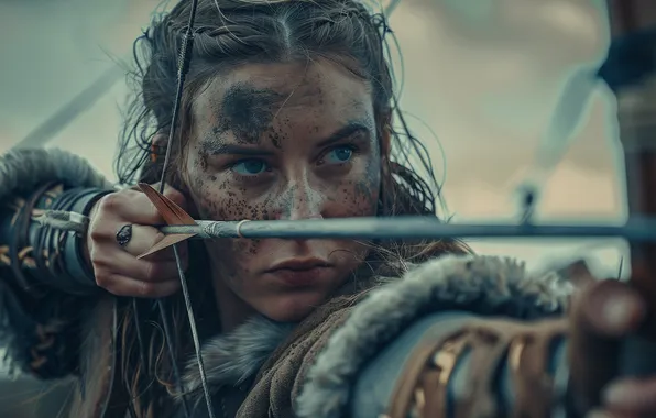 Girl, Look, Dirt, Warrior, Bow, Viking, Arrow, Digital art