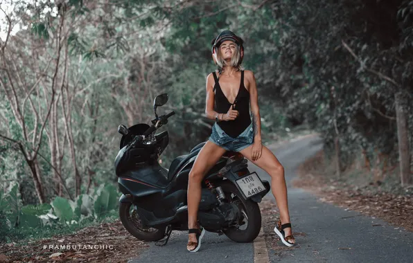 Road, girl, pose, shorts, Mike, scooter, scooter, Vladimir Trofimenko