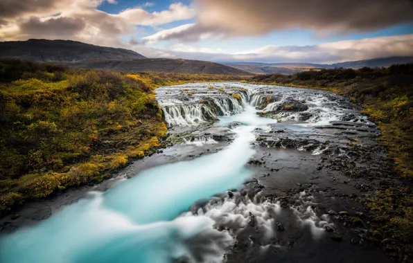 Clouds, river, hills, waterfall, horizon