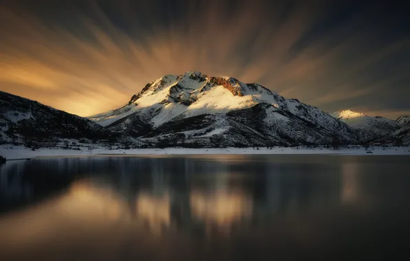 Picture the sky, snow, mountains, lake, reflection, Winter