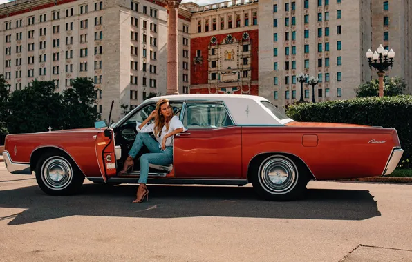 Machine, auto, girl, pose, retro, jeans, Lincoln Continental, Alexei Trifonov