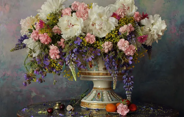 Flowers, style, bouquet, vase, still life, peonies, lupins, Andrey Morozov