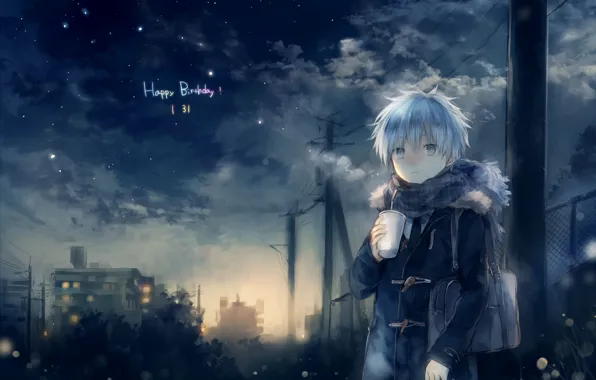 Cold, the sky, stars, clouds, night, anime, scarf, art