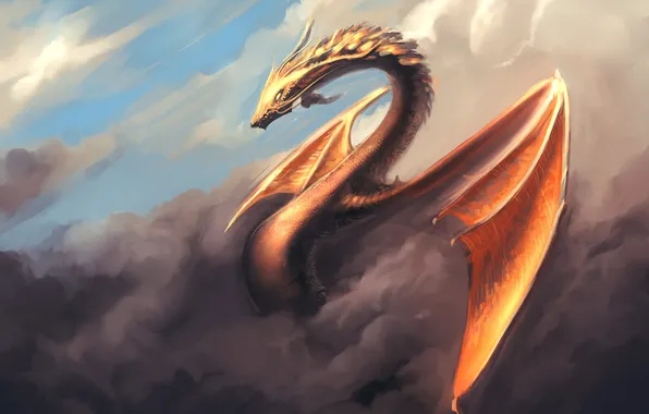 The sky, clouds, dragon, wings, art