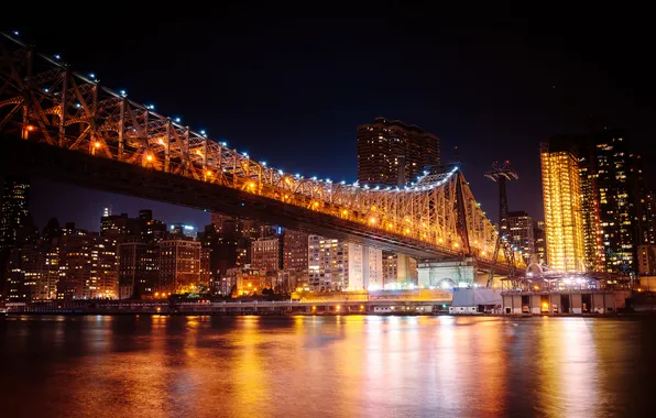 Picture light, the city, lights, reflection, river, building, home, New York