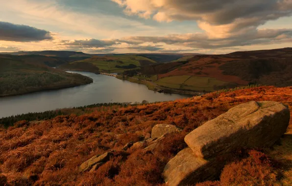 Autumn, clouds, clouds, bridge, river, stones, hills, view