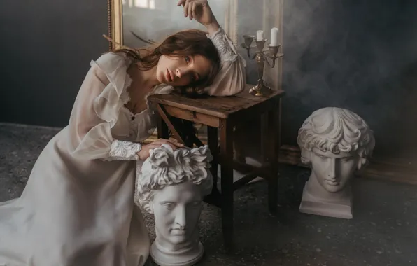 Girl, pose, mood, dress, mirror, statues, on the floor, candle holder