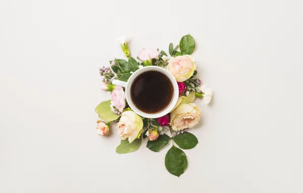 Flowers, coffee, Cup, flower, cup, coffee, decoration, composition