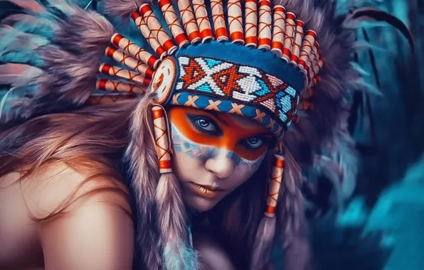 Girl, portrait, texture, feathers, headdress, Indian, war paint, like painting