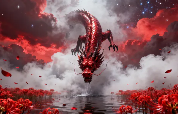 Picture fantasy, lake, dragons, sky stars