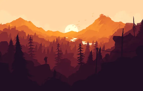 Picture forest, the sun, sunset, orange, the game, people, color, minimalism, Firewatch