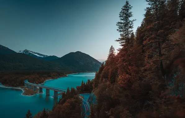 Picture road, autumn, landscape, mountains, bridge, nature, lake, the evening