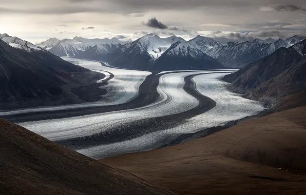 Winter, road, clouds, snow, mountains, river, the slopes, tops