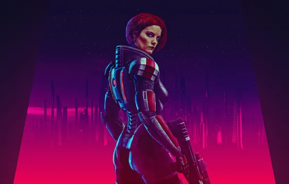 Girl, space, city, the city, neon, armor, mass effect 2, mass effect