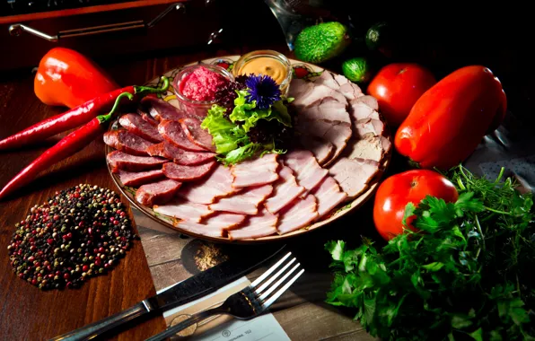 Greens, meat, vegetables, tomatoes, spices, pork