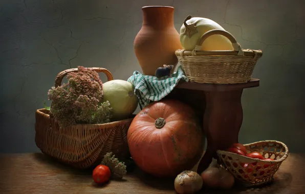 Pumpkin, pitcher, still life, vegetables, baskets