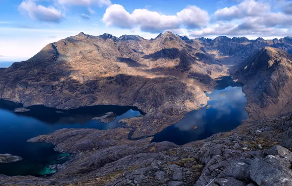 Picture sea, the sky, clouds, mountains, stones, rocks, Scotland, panorama