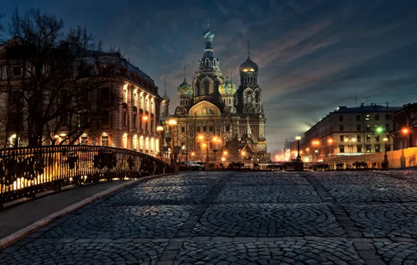 Bridge, building, home, Saint Petersburg, Cathedral, temple, Russia, night city
