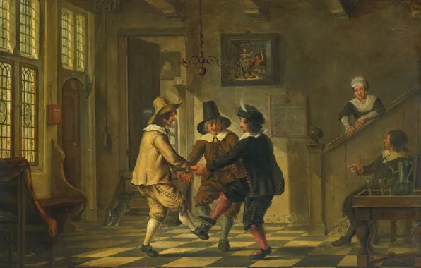 Tree, oil, interior, picture, genre, Three Men in Suits Dancing in the House