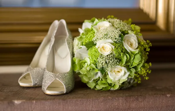 Picture flowers, shoes, wedding bouquet