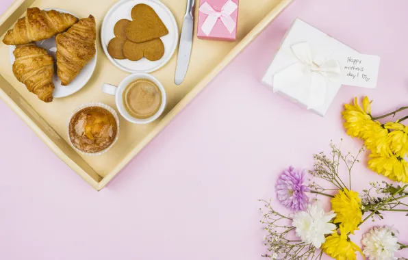Flowers, coffee, Breakfast, cakes, tray, cupcake, croissants