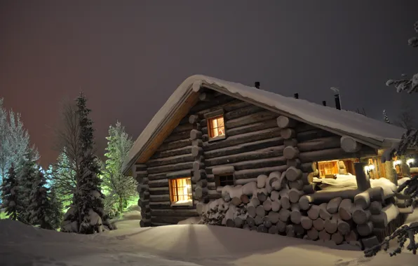 Snow, night, house, Winter, ate, the snow, wood, tree