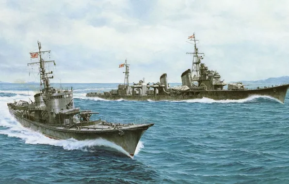 Ship, art, Navy, military, Japanese, destroyer, anti-submarine, WW2