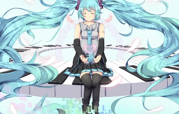 Picture girl, wings, feathers, keys, art, tie, vocaloid, hatsune miku