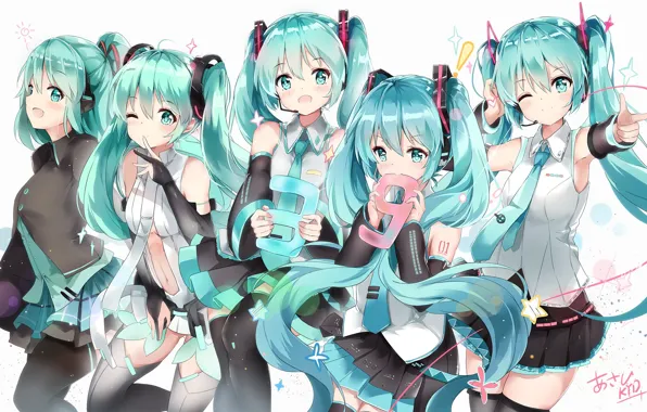 Stockings, headphones, microphone, vocaloid, hatsune miku, long hair, anime, art