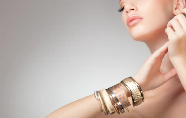 Girl, face, eyelashes, hands, lips, white background, bracelet