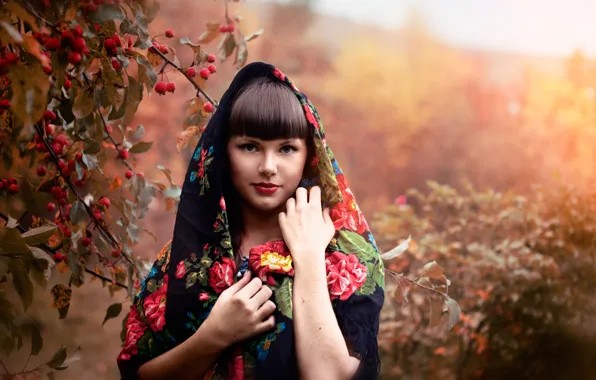 Picture autumn, girl, nature, berries, Bush, brunette, shawl, hawthorn