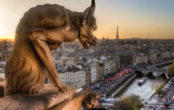 The city, France, Paris, view, panorama, Paris, sculpture, Notre Dame Cathedral