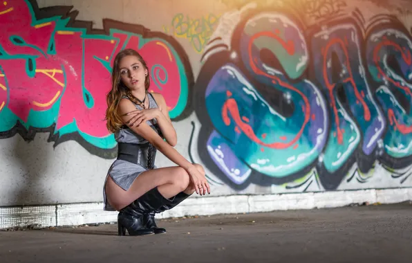 Girl, graffiti, dress, beautiful, cute, boots