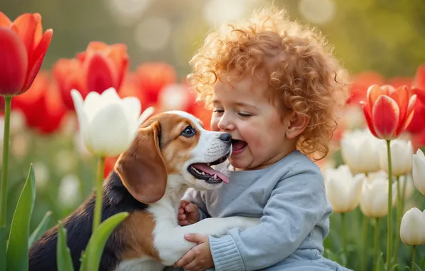 Language, flowers, smile, the game, child, laughter, legs, dog