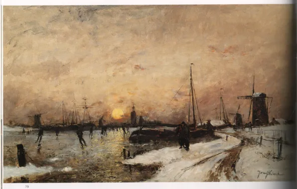 Winter, road, the sun, ship, mill, JONGKIND